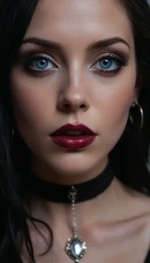 (intimate portrait, avant-garde snapshot aesthetic:1.6), (beautiful goth girl:1.5), (focus on face), (maximum eye detail:1.3), (pale blue eyes:1.4), (intricate eye:1.3), (beautiful long eyelashes:1.2), (detailed eyeliner:1.1), (raven black hair, loose strands of hair, intricate hair style:1.2), (dramatic lighting:1.3), (shallow depth of field:1.4), (blurred background:1.1), (detailed skin, detailed hair, detailed eye, limbal ring:1.3), (natural skin texture, natural hair texture, natural eye texture, vellus hairs:1.3), (dark lipstick, full lips), ziprealism