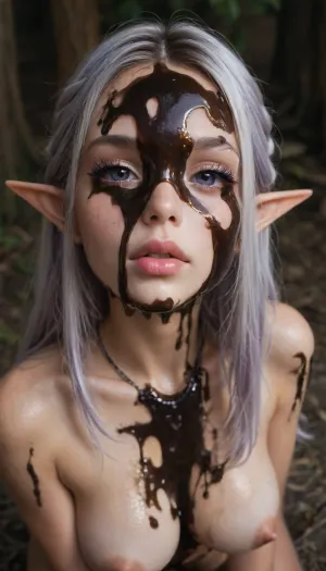 (1 beautiful elf girl:1.3), (body covered in black oil:1.9), (big sexy lips), (white lips:1.3), (small thin face:1.2), (small head:1.2), (white hair:1.2), (long extremely straight hair in face:1.6), thin eyebrows, (long revealing white clothing:1.3), (nude:1.2), (white skin skin:1.3), (dimples), (very long thick eyelashes:1.2), (light purple eyes:1.3), (cute petite body:1.6), collarbones, (multiple big necklace:1.3), (earrings:1.1), (sexy medium breasts:1.6), (small waist:1), (tiny dark erect nipples:1.4), (bubble butt:1.2), (thick thighs:1.5), (long legs:1.4), (multicolour hair:1.2), (full body view:1.2), (perfect cute eyes:1.5), perfect teeth, 8k, (woods at night:1.2), 512/3000
