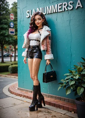 classy kinky prostitute leaning on wall, slim, side view, brunette pony slim silky clips, very long legs, big platform boots, almond eyes, looking at viewer, ultra bright magenta skinny booty shorts, low waist harness belt, super long knee high sripes socks, very puffy camel clothes, big round tits, fluffy fur jacket, handbag, summer downtown sidewalk trees bright sun, wet body.