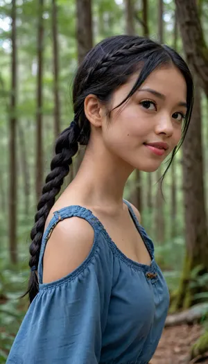 half body, 3/4 view portrait of an asian girl with black hair, double braid hair, over shoulder braid, black hair, side view, tiny boobs, blue tunic, facing side, forest, 4ng3l, face, view from below, looking at viewer, smiling, <lora:SDXL_BetterFaces-LoRA_v1:.5>