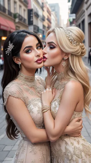 Two Rich and glamurous girls kissing on the street, perfect detailed face
