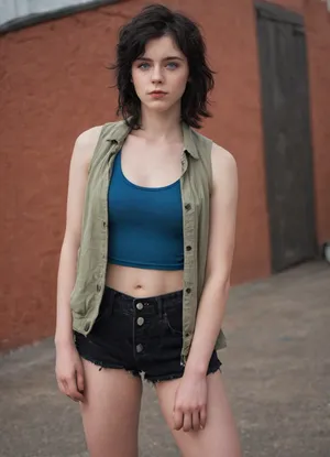 Full body shot, 18 year old girl, pale skin, androgynous body, shaggy mullet haircut, black hair, blue eyes, cute upturned button nose, perky teardrop breasts, tank top, jacket, black shorts