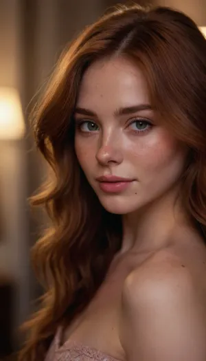 Highly detailed, intimate portrait of a young woman with light skin and subtle freckles, focused on her gentle smile., (vibrant auburn hair with dark roots, textured layers, coppery highlights), Her pale hazel eyes are glistening, and her full lips are slightly parted, showcasing a natural, soft pink hue. The background is blurred, but colorful, iridescent light reflections add a dreamy, ethereal quality to the image. The overall mood is intimate and sensual, with a focus on the natural beauty and texture of the subject's skin and hair. The lighting is soft and warm, with a slight bokeh, enhancing the serene and gentle atmosphere., (snapshot aesthetic:1.2), (perfect framing, rule of thirds, three quarters view), igbaddie, ziprealism, <lora:igbaddie-XL:.4>