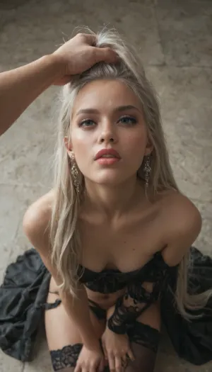 (Hyper realistic photo), (high definition), (hair pull), head pull, view from floor looking up, (8k resolution), highest quality, ((Extremely gorgeous Gothic latina)), ((platinum blonde with bright blonde hair)), (elegant long beautiful hair in elegant pigtails), (extremely long elegant hair), (extended hair length to her knees), (smooth shiny hair with extra volume), hair resting over shoulders, lighter skinned, (corset with matching garter belt and stockings), arched back, oiled skin, (full lips), (puffy lips), (red lipstick), (((small breasts))), (breasts are hanging), (large round ass), (perky tits), puffy nipples, (wide hips), narrow waist, fit stomach, pretty pink pussy, detailed pussy, ((bright blue eyes)), eyes wide open, perfect mouth, perfect lips, hands wrapped around cock, black eye liner, playful pose, perfect face, detailed mouth, waiting for cum to hit her face, (cumshot), mouth open waiting for cum, (cum shooting at her), pov_deepthrt, deepthroating, a, man's, penis, blsdp, <lora:concept_pov_dt_xl2-000020:.8>