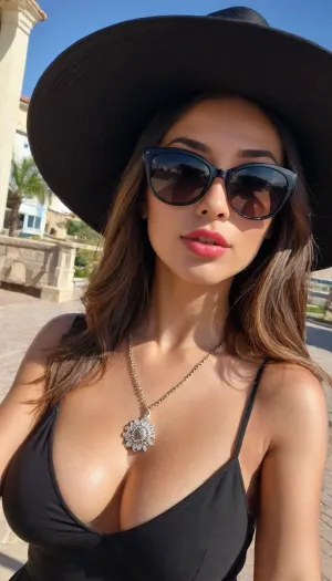 POV selfie, Gorgeous petite latina wearing large sunglasses and a large black sun hat wearing a tight black dress with large breast's in cleavage, diamond pendant necklace