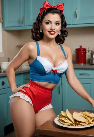 (((In the styles of a 1940s pinup calendar))), sexy Latina housewife, serving a plate of tacos, in lace bra and panties, wearing lace apron, 1940s kitchen, mature, (Hispanic, latina, Mexican, brown skin, dark brown nipples, black hair), prominent labia majora, saggy breasts, perky ass, sexy legs, cute toes, (Rosie the riveter), (WWII American propaganda), Create a bold, vibrant poster inspired by the iconic "Rosie the Riveter" design, featuring a confident, strong Latina woman in a vintage, World War II-era workwear style. She should be wearing a denim work shirt, rolled up at the sleeves, with a red bandana tied around her head, echoing the powerful image of women in the workforce during the war. Her posture should exude strength and determination, with one arm flexed in the signature pose of the original Rosie poster. However, instead of the original message of wartime industry, this Latina woman proudly holds a plate of tacos in her other hand, symbolizing the beauty, culture, and pride of Latinx heritage. The tacos on the plate should appear delicious and vibrant, highlighting their fresh ingredients and flavors. Her gaze should be confident and focused, with a subtle smile that conveys both resilience and pride in her culture. Her skin should be radiant, reflecting her Latina heritage, with soft, natural makeup to emphasize her features.

The background of the poster should be a bright, bold color—perhaps a strong red or deep orange—symbolizing energy, passion, and pride. The text should read something like “Strength in Culture, ” “Empowerment Through Heritage, ” or “Proud of Where We’re From, ” written in bold, vintage-style typography. The overall aesthetic should blend vintage wartime propaganda with modern-day pride in cultural heritage, mixing history with contemporary elements. The design should maintain a timeless feel while celebrating both the empowerment of women and the beauty of Latina identity.

Ensure that the Latina woman’s figure, expression, and the taco plate remain the focal points, while the overall design exudes a sense of empowerment, pride, and celebration of both culture and strength.