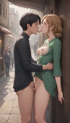 ghibli style, Studio ghibli art, public marketplace, man and Woman having Sex, man standing, vaginal Sex, skirt Lift up, public blowjob, clothes on, Nipples visible, people watching, dick in pussy, side view, kissing, crowded, Woman leaned against counter