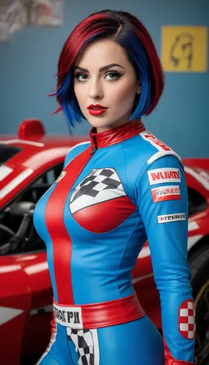 (masterpiece, pop art style, bold colors, graphic shapes), 1girl, ultra-curvy and visually striking F1 racer girl with thick lips, oversized expressive eyes, short electric-blue bob haircut, wearing a race suit patterned in red polka dots and comic-style zippers, dramatically shaped to accentuate full breasts and hips, posing confidently with one hand on hip and one holding a checkered flag, speech bubble, "Ready to burn rubber!", racecar drawn in halftone lines, energetic comic frame layout