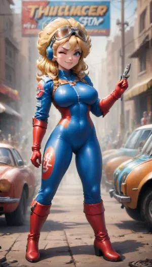 (masterpiece, pin-up style, vintage poster aesthetic, 1950s color palette), 1girl, bombshell-level sexy Formula 1 driver posed like a retro calendar girl, golden-blonde curls under half-worn helmet, exaggerated hourglass shape with large bust and curvy hips emphasized by a partially unzipped leather racing suit, high-heeled racing boots, winking confidently while holding wrench, leaning on classic red racecar, pit crew in blurred background, warm halftone shading and classic textures