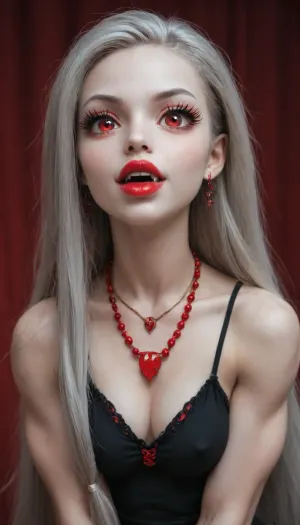 (1 cute girl vampire:1.3), (showing vampire fangs:1.3), (big thick lips:1.1), (small thin face:1.3), (small head:1.1), (silver hair:1.2), (extremely long hairstyle:1.3), (long revealing black clothing:1.2), (extremely pale skin:1.3), (dimples), (very long thick eyelashes:1.2), (red eyes:1.2), (cute muscular body:1.3), collarbones, (multiple big red necklace:1.3), (earrings:1.1), (cute medium breasts:1.3), (small waist:1), (tiny erect nipples:1.3), (bubble butt:1.2), (thick thighs:1.4), (long legs:1.3), (multicolour hair:1.2), (beads in hair:1.3), (nude:1.4), (full body view:1.2), (perfect cute eyes:1.5), 8k, (undead wasteland at night:1.2), 512/3000