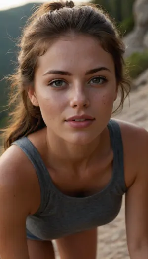 18 Year old girl, sun rays, breathtaking scenery, perfect lighting, Summer, Warm light, ultra realistic, 8k resolution, ultra-detailed, Instagram model, professional photography, Latin, light colored eyes, eyes, captivating eyes, captivating gaze, thick lips, plump lips, filled lips, skinny, flat breasts, out of breath, gasping for breath, deep breath, leaning forward to catch breath, breathless, winded, exhausted, flushed face, flushed cheeks, rosy cheeks, elegant, square jaw, sharp cheekbones, Golden dust, dark brown hair with dark roots and golden highlights, messy hair, long hair, tied back hair, Casual, tanned skin, sweaty skin, prominent tan lines, freckles on face, freckles, noticeable freckles, seductive smirk, dimples, cheek dimples, dimples in cheeks, spunky attitude, feisty attitude, high energy, rockstar attitude, hiking, fully clothed, tight sleeveless t-shirt, sleeveless top, tight top, head tilted back, looking upwards, full body portrait, balancing on one leg, on tippy toes, Retro