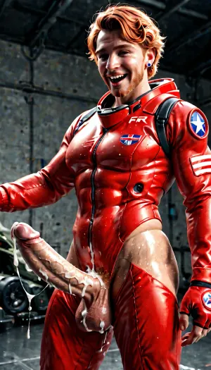 (Dilf:2), (excited:1.9), copper hair, (red flight suit), mecha hanger, ((erect penis)), (futanari:1.1), (covered in cum:1.6), Masterpiece, 8k, trending on artstation, mecha, <lora:Dramatic_penis_SDXL:.9>, <lora:mecha-000009 (1):1.9>