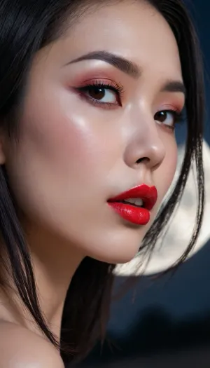 night, moon, girl of unearthly beauty, mystery, profile, japanese, asian, black hair, straight hair, gorgeous makeup, red lipstick, kimano
