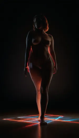 A fine art nude photography series exploring the interplay between light and darkness. A curvy female model with soft yet defined contours and glistening skin is illuminated only by thin strips of neon light in an otherwise pitch-black environment. Her pose is fluid yet intentional, evoking a sculptural quality. Parts of her body emerge from the shadows, while others dissolve into the darkness, creating a sense of abstraction. Her hands remain natural and expressive, free of accessories, allowing her gestures to enhance the composition. Her feet are bare, with delicate traces of fluorescent paint that glow faintly in the dim ambiance. The floor is slightly reflective, capturing glimpses of movement. The composition is cinematic and mysterious, celebrating the balance between exposure and concealment, presence and absence. The contrast between her curvaceous form and the sharp, geometric lighting creates a powerful visual tension.