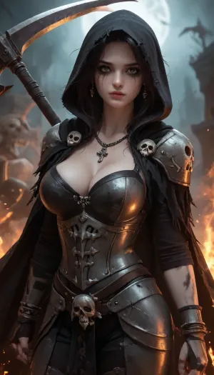 woman, long black messy hair, rings, earrings, necklace, bracelet, strong makeup, big breasts, perfect Body, best quality, perfect face, perfect body, highres, 8k wallpaper, (soft lighting:.5), quality, seductive, black hood, cape, ((deathknight black spiky full metal warrior armor)), hood, undead tomb, black warpaint, skulls, (scythe in hand), dynamic pose, armor bustier deep cleavage, perfect ass, fire