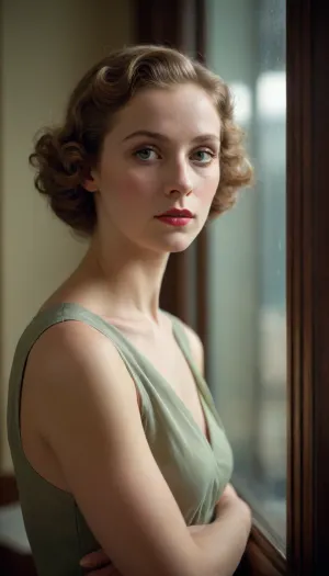 Woman with worries, perspective behind glass pane, poor millieu, hyperrealistic, photo in style of Divers by George Hoyningen-Huene, a timeless elegance and sophistication, compositions are carefully arranged and radiate a classical beauty, masterful lighting, depth and contour in the picture through light and shadow, characterized by neoclassical influence, aesthetic clothing, carefully staged backgrounds, retro, portraits, Polaroid