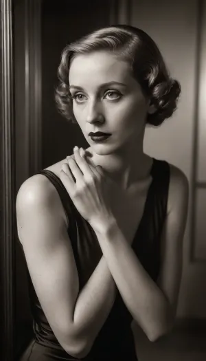 (blackandwhite), Woman with worries, perspective behind glass pane, poor millieu, hyperrealistic, photo in style of Divers by George Hoyningen-Huene, a timeless elegance and sophistication, compositions are carefully arranged and radiate a classical beauty, masterful lighting, depth and contour in the picture through light and shadow, characterized by neoclassical influence, aesthetic clothing, carefully staged backgrounds, retro, portraits, Polaroid