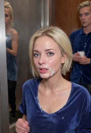 masterpiece, best quality, 1 girl, swedish 35yo blonde, solo, (black leather pants:1.3), (indigo velvet baggy oval neck shirt:1.5), outdoors, white blonde hair, bright ice blue eyes, short haircut with side parting, hair tucked behind ears, stands indoors in an busy elevator, group facial, photorealism, (her face is covered with cum, cum on her chest, cum on clothes, cum threads drip from chin:1.3), facial, breasts, stomach, covered, in, perfect, <lora:Facials:.6>, <lora:681678_training_data:.5>