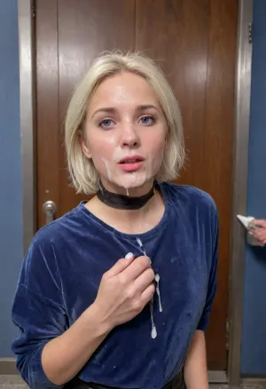 (masterpiece, best quality:1.2), 1 girl, swedish 35yo blonde, solo, (black leather pants:1.3), (indigo velvet baggy oval neck shirt:1.5), outdoors, white blonde hair, bright ice blue eyes, short haircut with side parting, hair tucked behind ears, stands indoors in an busy elevator, grup facial, photorealism, (her face is covered with cum, cum on her chest, cum on clothes, cum threads drip from chin:1.5), facial, breasts, stomach, covered, in, perfect, <lora:Facials:.6>