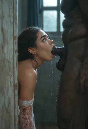 interracial, dark room, black walls, black curtains, ((very muscular African brute fucking)), no electricity, no light, dark night, moonlight rays, ambient lighting, window, night, Asian girl standing at wall with hands on the wall, struggling face, bent forward, huge black brutes fucking her doggystyle, white fishnet stockings, huge size naked black brute, doorway, PEOPShockedFace, shocked, face, eyes, popping, out, mouth, open, anime, cartoon, <lora:PE_OP_ShockedFaceMeme:.8>, <lora:MJ52:.8>, <lora:tags:.8>, crying, big lips, close view