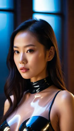 young beatiful pretty asian woman dressed in matte transparent latex bodysuit