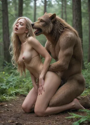 1 men, sex vaginal, In a foggy forest, side view, full body view of female, beautiful 18 year old blonde cavewoman, very long messy hair, wearing her brown beast skin bikini, a werewolf is fucking her in doggy style position, on tiptoe, one knee raised, slim body, eyes closed, moaning, blushing, natural breasts, very sweaty, huge creampie, detailed bottom