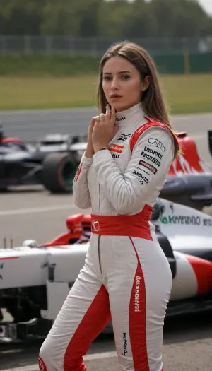 Female driver standing next to her formula one car, blowing a kiss, car race track, (((formula one car:1.5))), formula one race, F1, formula one, race suit, realistic, real, hyper, influencer, insta, beautiful, sexy, f312b, <lora:Beautify-Supermodel-SDXL:.8>, <lora:f312b_SDXL-prodigy-LoRA-v06:.8>, masterpiece, best quality, high resolution, ultra detailed, Blowing, A, Kiss, From, Hand, <lora:323398_training_data:.8>, <lora:256210_training_data:.8>