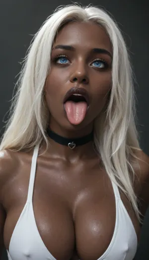 a photo of Senegalese fitness model with, (((white hair, blue eyes, pitch black skin, ebony, very large breasts, very dark lips, black choker, crossed eyes, tongue out, ahegao))), (closeup), looking at viewer, horny, closeup, (((long white hair, blue eyes))), crossed eyes, tongue out, BreastsApart, breasts, huge, backbreakingbreasts, tattoo, irezumi, black, dark, latex suit, (), <lora:Sweaty_Realism_4-000006:.8>, <lora:Diversify:1.1>, tongue, out, ahegao, drool, <lora:ahegao_mr_chrisma:.8>, plain_catsuit, <lora:Plain_catsuit:.8>