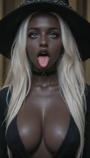 a photo of Senegalese fitness model with, (((white hair, blue eyes, pitch black skin, ebony, very large breasts, very dark lips, black choker, crossed eyes, tongue out, ahegao))), (closeup), looking at viewer, horny, closeup, (((long white hair, blue eyes))), crossed eyes, tongue out, BreastsApart, breasts, huge, backbreakingbreasts, tattoo, irezumi, black, dark, wizard robe, IncrsXLRanni, wavy, hair, cracked, skin, colored, blue, (), joints, robe, witch, hat, cloak, <lora:Sweaty_Realism_4-000006:.8>, <lora:Diversify:1.1>, <lora:RanniXLV2:.8>, tongue, out, ahegao, drool, <lora:ahegao_mr_chrisma:.8>