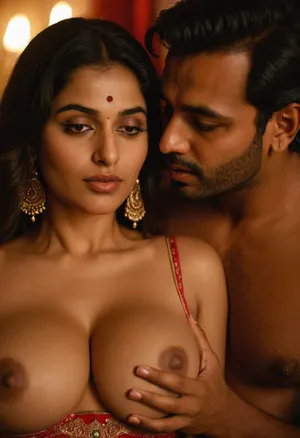 30 yo Pakistani female fair skin, celebrating Suhag raat in Kama sutra style with her partner, large boobs