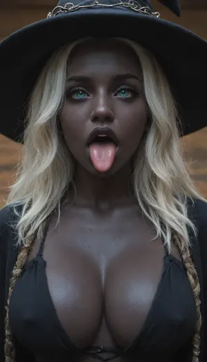 a photo of Senegalese fitness model with, (((white hair, blue eyes, pitch black skin, ebony, very large breasts, very dark lips, crossed eyes, tongue out, ahegao))), (closeup), looking at viewer, horny, closeup, (((long white hair, blue eyes))), crossed eyes, tongue out, BreastsApart, breasts, huge, backbreakingbreasts, tattoo, irezumi, black, dark, wizard robe, IncrsXLRanni, wavy, hair, cracked, skin, colored, blue, (), joints, robe, witch, hat, cloak, <lora:Sweaty_Realism_4-000006:.8>, <lora:Diversify:1.1>, <lora:RanniXLV2:.8>, tongue, out, ahegao, drool, <lora:ahegao_mr_chrisma:.8>