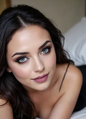 Gorgeous black haired girl with smokey eyes and deep dark lipstick smiling sexily while crawling to the camera, mouth slightly parted, heavy eyelids, thick long bold winged eyeliner, round face, bedroom, long wavy hair with pastel highlights cascading in front of her