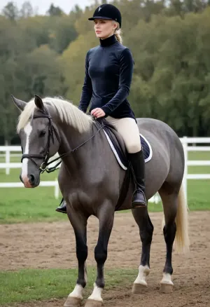 (masterpiece, best quality:1.2), 1 girl, swedish 30yo, solo, tight beige jodhpurs, riding boots, cap, (anthracite velvet high neck shirt, long sleeves:1.4), outdoors, white blonde hair, bright ice blue eyes, short haircut with side parting, hair tucked behind ears, she rides a horse on a summer horse paddock, horses in the background, she looks into the distance, serious look, photorealism, r1d1ngb00ts, RiHorse, front_view, half_front_view, side_view, galloping, <lora:Equestrian_riding_boots_2_SDXXXL:.5>, <lora:RideHorse.0.9:.5>