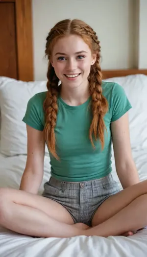 1 woman, student, freshman, Irish, very cute face, smiling face, (light ginger hair), (intricate braided hair), skinny, small waist, skinny thighs, petite, small, flat, (casual clothes), (1990s style:1), college dorm room, books, pillows, sitting on edge of a bed