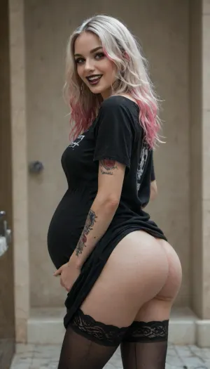 goth woman, long white hair with pink highlights, tattoos, piercing, black lipstick, black oversized t shirt clothes, lace thighhighs, round ass, open mouth, pregnant, with a sexy dress, lovely smile, lovely looking at viewer