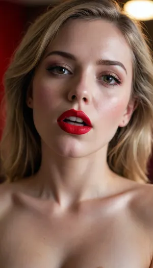 full nude, bright red lipstick, Grunge style