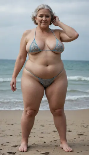 Granny, (a hairy, huge, obese, overweight, elderly woman), . The empty, flat, saggy tits of an elderly woman are dangling. beach, bikini, (hairy crotch from under panties:1.3), barefoot, spread her legs