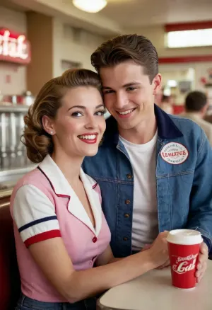 In 1955 a, ((young small 18 years old boy)), in jeans and a letter jacket caresses a sexy mature 45 years old naked mother at a 1950s soda fountain, smiling, loving, passionate eye contact, rank_9