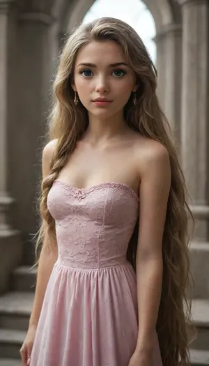 rapunzel big green eyes, (rapunzel), blond hair, rapunzel disney tangled, rapunzel dress