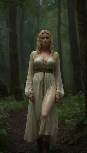 blonde female medieval herbalist in a clearing in a forest in the rain. She wears a simple wet dress, which is wet and see thru. Her perky tits are visible. 4k, photorealistic, ZipRealism, ohwx