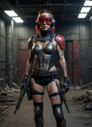 A female alien wearing armor, full body, in the style of cyberpunk, with a war-torn face mask and red goggles, holding a rifle, tattoos on the chest, against a dark background, in a photorealistic style, high-resolution photography, shot with a Sony Alpha A7 IV camera, using natural light.