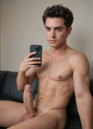 1 man, man solo, penis veins, big penis, stroking, black hair, dark eyes, straight, short hair, sitting, naked, enjoying, holding cell phone and taking selfie