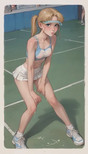 18 year old girl, cute sexy face, golden blonde pigtails, bright blue eyes, tight white short skirt, extra tight light blue polo shirt with white sports bra, shirt, white tennis shoes, light blue visor, perfect muscular body, shiny sweaty skin, a cup breasts, small breasts, small nipples, perky breasts, perfect pussy, perfect tight muscular ass, facing forward, bent over net, playing tennis at luxury tennis court, cum on thighs, cum on stomach, cum on back, cum in hair, <lora:rearpussy-xl-1.0:.5>, (ratatatat74), 90s Anime, (Outline), (cartoon), tooned, 1girl, cartoon, low color palette, sexy, painted, illustration, made in adobe illustrator, no gradients, incase style, concept, art, by, syd, mead, retro, futuristic, flat colors, Perfect Hands, <lora:ratatatat74-000050:.9>, <lora:outline_xl_kohaku_delta_spv5x:.5>, <lora:cartoon_stickers_xl_v1:.6>, <lora:NEOTOKIOXL_0.2_RC:.4>