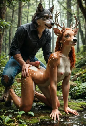 8K, UHD, hyper-realistic, full-body portrait, a beautiful redhead is mid-transformation from human to deer in a lush redwood forest, she has deer-like ears, (very small breasts), her body is still mostly that of a beautiful and athletic woman, (she has hooves for feet:1.2), (her hands are still human), (her body is completely covered with a light brown velvet fur with colorations and markings like a deer:1.5), (every square inch of her body covered in fur), (1man, mid-transformation from a man into a wolf with wolf feet and a huge erect furry penis is fucking her standing doggystyle:1.3), (orgasm, pleasure:1.3), close-up of face, <lora:add-detail-xl:.8>, <lora:MJ52:.8>