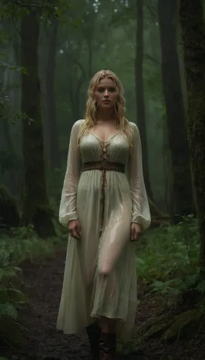 blonde female medieval herbalist in a clearing in a forest in the rain. She wears a simple wet dress, which is wet and see thru. Her perky tits are visible. 4k, photorealistic, ZipRealism, ohwx