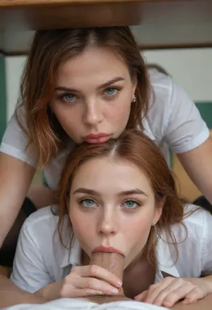 1 man, oral sex, 18 year old Irish redhead girl, few freckles, white business shirt, black stockings, exhausted, open mouth, (eyes rolled back), symmetrical full lips, round green and grey colored eyes, long straight hair, perky tits, tits visible, natural skin tone, wet hair, perfect fingers and hands, fellatio, blowjob, man sitting with girl hiding under table, girl hiding under teacher's table, college classroom, detailed background, 4k, photorealistic, intricately detailed face, intricately detailed eyes, view from below, <lora:580159_training_data:.4>