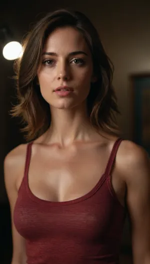 Beautiful woman wearing a tanktop no bra, analog photography, professional fashion photoshoot, hyper realistic, masterpiece