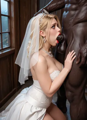 interracial, dark coridor, window, night, blonde hair, tall, beautiful 4k chubby russian in wedding dress with veil, perfect face details, jewelry, kneeling, huge black brute, monster brute, standing, black man fucking her mouth, massive cock fucking, rough sex, blowjob, scared, sweaty, midnight illuminate, models face and body, creating dramatic chiaroscuro effects, sexual intercourse with black thug, red lipstick, fat lips, open mouth, doorway sex, aggressive, side view, bbcdeepthroat, bird-view, <lora:BBCDeepthroat:.5>, <lora:bird-view_v1:.8>