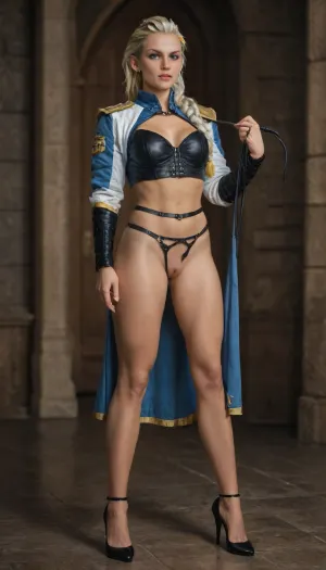 (JAINA PROUDMOORE:2), Dominatrix outfit, dominatrix mask, Dominatrix high heels, Dominatrix whip in hand, Pussy visible
