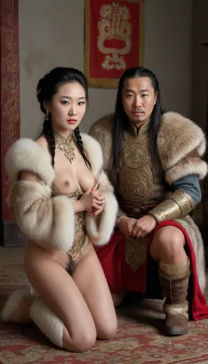 18 yars old Mongolian princess with small puffy torpedo tits, ((in traditional mongolian clothes from fur and silk)), bare tits, ((kneeling on her knees and front a 50 years old mongolian warrior man)), man fuck her moutch, full body view